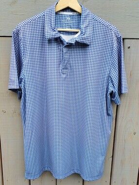 Rorie Whelan Men's Golf Polo Shirt LG Blue Geometric UPF 50 Moisture Wicking EUC